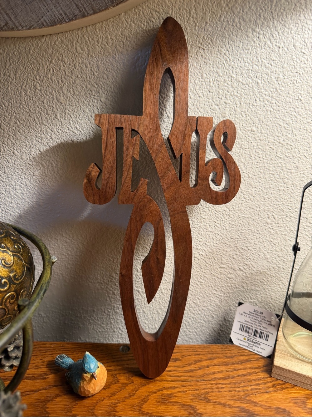 Wood Jesus Cross Wall Hanging Script Cutout Rustic Faith Decor 14"